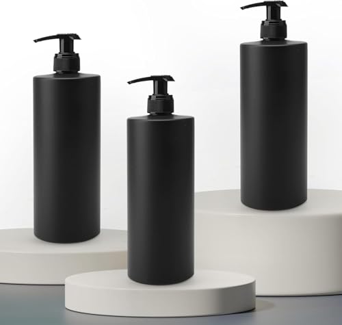 Drei schwarze Seifenspender mit matte Oberfläche, 500ml Pumpflasche für Duschgel und Shampoo, minimalistischer Luxus-Pumpspender für Flüssigseife mit 20 wasserdichten Etiketten