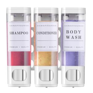 Praktischer Shampoo-Duschspender für das Badezimmer, Wandmontage ohne Bohren, ideal für Hotel oder privat verwendbar, 3 x 300 ml Flaschen mit weißer Etikette