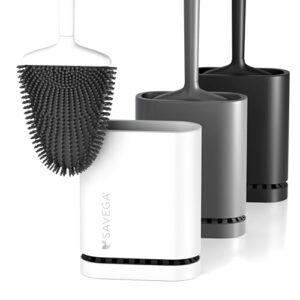 Silikon Klobürste mit flachem und biegsamem Kopf - Toilettenbürste aus Silikon mit schnell trocknendem Halter - Moderne WC Bürste für die Wandmontage ohne Bohren (weiß, matt)