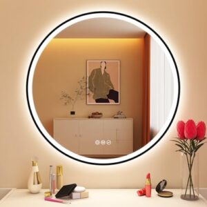 Runder Badspiegel mit LED-Beleuchtung, Bluetooth-Funktion und Dimmbarkeit. 3 Lichtfarben, Entfogging und Memory of Light.