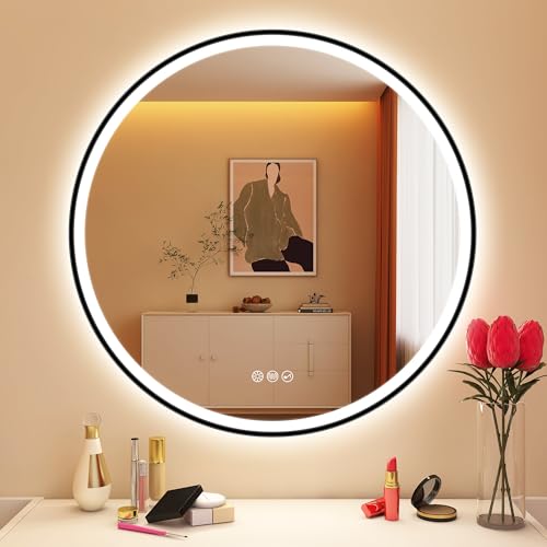 Runder Badspiegel mit LED-Beleuchtung, Bluetooth-Funktion und Dimmbarkeit. 3 Lichtfarben, Entfogging und Memory of Light.