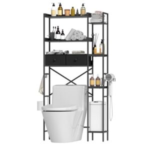 7-Ebenen Toilettenregal mit 2 Körben und WC Regal über der Toilette mit 4 Haken, Multifunktionsregal für Bad, Waschküche und Balkon (Schwarz)