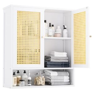 Badezimmer-Wandschrank mit Rattan-Design, Weiß, 2 Türen und verstellbares Regal, Medikamentenschrank für Wäsche Küche Wohnzimmer