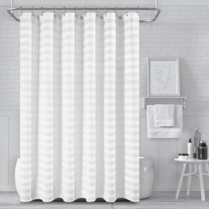 Wasserdichter Stoff-Duschvorhang, extra lang, weiß gestreift, schlicht, neutral, beschwert, Duschvorhänge für Badezimmer, 230 g/m², modern, elfenbeinfarben, dicke Duschvorhänge mit 12 Haken