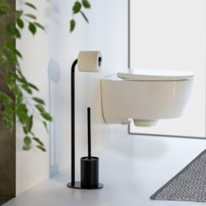 WENKO Stand WC-Garnitur Mod. Levante freistehend schwarz lackierter Stahl mit Toilettenpapierhalter und WC-Bürste 23 x 63 x 17 cm schwarz