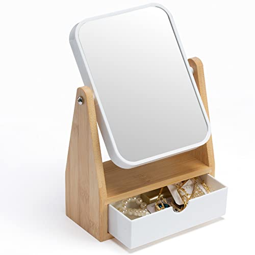 YEAKE Vanity Makeup Spiegel mit Stauraum und 1X/3X Vergrößerung. Der Spiegel hat eine doppelte Oberfläche und eine 360° Drehfunktion. Die natürliche Bambus-Halterung und der matte Kunststoffrahmen machen ihn zu einem dekorativen Accessoire für das Badezimmer oder Schlafzimmer.