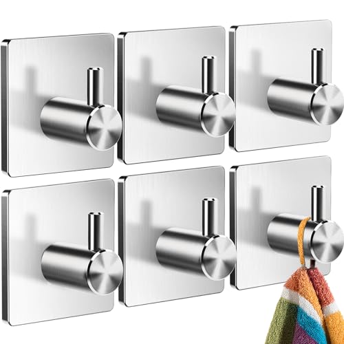 Praktische Handtuchhaken ohne Bohren, Set mit 6 silbernen Klebehaken für Badezimmer, wasserdichte Haken selbstklebend und rutschfest