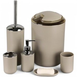 Badezimmer-Set mit Seifenspender, Zahnputzbecher, Kosmetik-Eimer und WC-Bürste in Beige-Design für ein ordentliches und frisches Badezimmer
