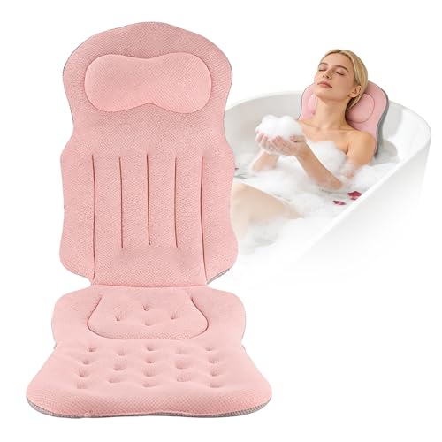 Ganzkörper Badewannenkissen mit Kopfstütze für Nacken, Rücken und Beine, rosa Farbe, mit Saugnapf und Hängehaken