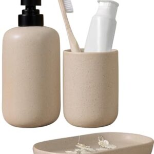 Praktisches Badezimmer Zubehör Set aus Keramik mit Seifenspender, Zahnputzbecher und Ablageschale für Bad und Waschbecken