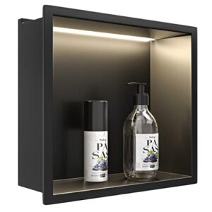 Wandnische Dusche aus Edelstahl mit LED-Streifenlicht, 30 cm x 30 cm, Wasserdicht, kein Fliesen-Anbringung erforderlich, Badezimmer-Lagerraum, Nische, matt Schwarz