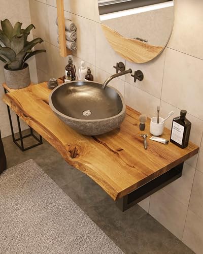 Holzwaschtischplatte aus Eichenbrett, 40 mm dick, für Aufsatzwaschbecken, rustikale Waschtischkonsole, Massivholzplatte, Baumkante