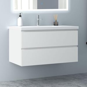 Biubiubath Badezimmermöbel 100cm Mineralguss Waschtisch mit Unterschrank Badmöbel Set Badezimmerschränke mit 2 Soft-Close Schubladen Weiß Matt