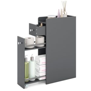 Badschrank mit Schublade und Rollen, kleiner Nischenschrank für das Badezimmer, Aufbewahrungsschrank aus Holz, schmaler Seitenschrank in Grau