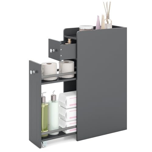 Badschrank mit Schublade und Rollen, kleiner Nischenschrank für das Badezimmer, Aufbewahrungsschrank aus Holz, schmaler Seitenschrank in Grau