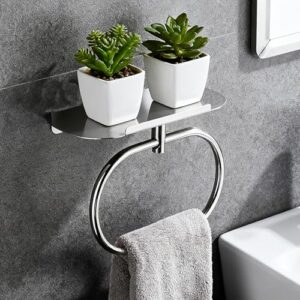 DIYZON Handtuchhalter mit Ablage, Selbstklebender Handtuchring für Badezimmer und Küche, Chrom Finish