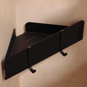 Dolvhin Duschablage ohne Bohren Ecke | Edelstahl Eckregal Dusche mit Ablaufrillen | Duschregal Ecke zum Kleben | Bad Wandregal und 2 Haken Schwarz Matt