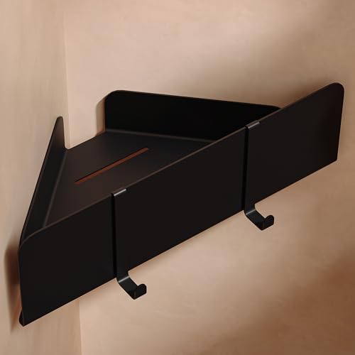 Dolvhin Duschablage ohne Bohren Ecke | Edelstahl Eckregal Dusche mit Ablaufrillen | Duschregal Ecke zum Kleben | Bad Wandregal und 2 Haken Schwarz Matt