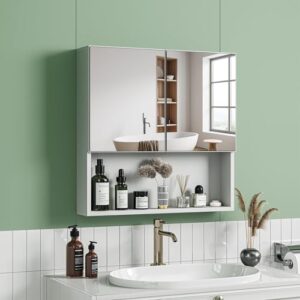 Badezimmerschrank mit Spiegel und Ablage, weißer Badspiegelschrank mit verstellbarem Einlegeboden für Badezimmer