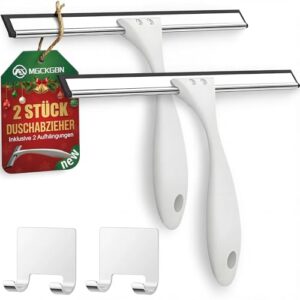 Zwei Duschabzieher aus Edelstahl für effiziente Reinigung von Glasflächen und Fliesen in Badezimmern, Spiegeln und Fenstern. Robuste Konstruktion, zwei starke Klebehaken und streifenfreie Oberfläche.