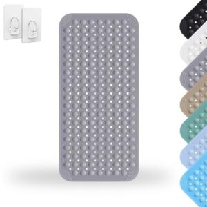 Rutschfeste Duschmatte 40 x 80 cm, Badematte mit Saugnapf, rutschfeste Massage Matte für Duschen, inkl. 2 Haken, Grau