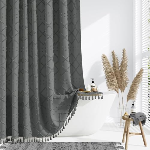 Duschvorhang 180x200 cm Grau Diamant Boho Tufted Chevron Streifen, Antischimmel Textil, Wasserabweisend, Waschbar Polyester Badevorhänge mit 12 Ösen und Duschvorhangringen für Badezimmer, Badewanne