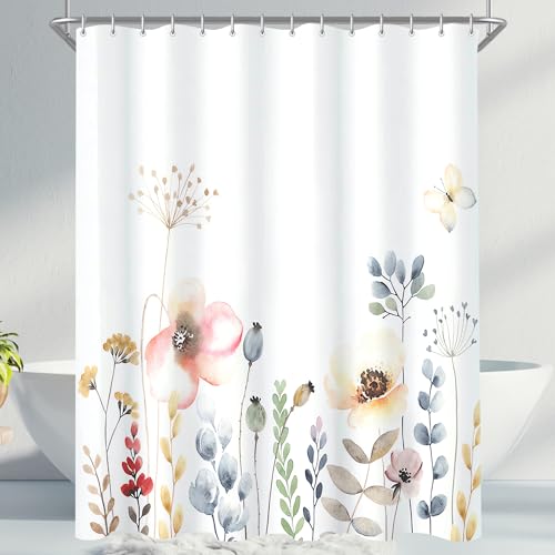 Duschvorhang mit Blumen-Muster, Beschwerter Saum und Antischimmel-Eigenschaften. Wasserabweisender Polyester-Stoff für Badezimmer. 160x160 cm groß, leicht zu reinigen und waschbar.