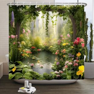 Duschvorhang mit natürlicher Landschaft, grüne Bäume, Pflanzen, Wald, Teich, bunte Blumen, wasserdichter Stoff, waschbar, für Badezimmer oder Raumteilung