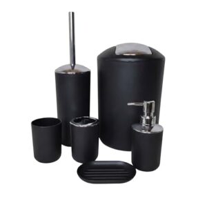 Badezimmer-Set 6-teilig, Badaccessoires Komplettset Kunststoff, WC Garnitur mit Klobürste, Mülleimer, Zahnputzbecher, Seifenspender & Schale