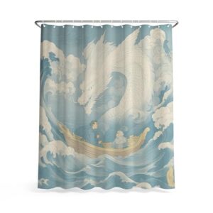 Duschvorhang mit Holzschnitt Ukiyo-E Wellen Kanu Orientalischer Design, anti-schimmel und wasserdicht für Badezimmer.