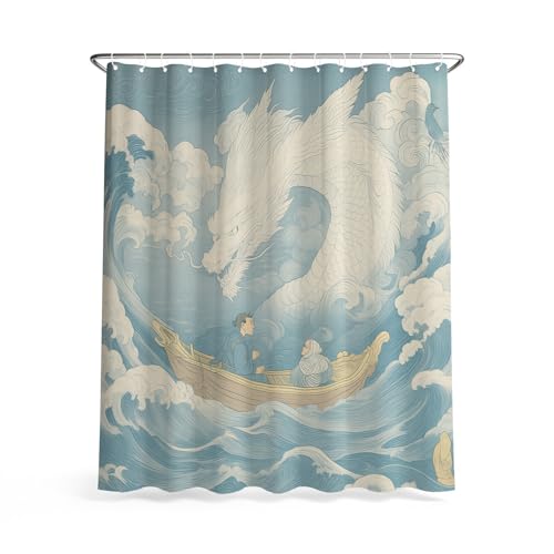 Duschvorhang mit Holzschnitt Ukiyo-E Wellen Kanu Orientalischer Design, anti-schimmel und wasserdicht für Badezimmer.