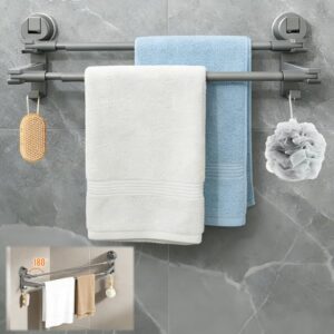 Handtuchhalter Saugnapf ohne Bohren, Bad Handtuchstange mit 2 Handtuchhaken, 180° Drehen und Verstellbare Länge für Badezimmer Küche Tür Dunkelgrau 41-75cm