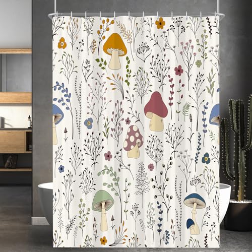 LERORES Duschvorhang 120x200 cm mit Pilzen, beschwertem Saum und antischimllem Textil, wasserabweisend und waschbar, Polyester Badevorhänge mit 8 Ösen und Duschvorhangringen für Badezimmer und Badewanne