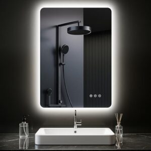 Badezimmerspiegel mit Beleuchtung, LED-Spiegel Bad mit antibeschlagender Oberfläche und Touch-Schalter, 3 Lichtfarben, Dimmbar, Rechteckig Badspiegel mit Speicherfunktion