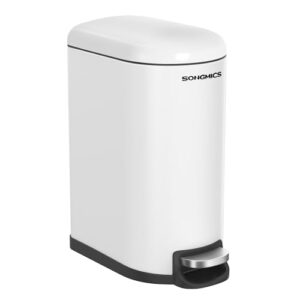 Kompakter Abfalleimer für Badezimmer, aus rostfreiem Stahl, mit sanftem Verschluss und Pedal für leichtes Öffnen.