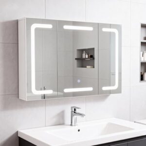 Badezimmerspiegelschrank mit integrierter LED-Beleuchtung und 6 Regal, 3-Tür-Spiegel für Badezimmer mit hohem Spiegel