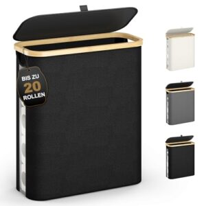 Toilettenpapier-Aufbewahrung mit 42 Liter Fassungsvermögen, Deckel und Sichtfenster für 20 Standard-Rollen. Wasserdichte Aufbewahrung aus Bambusmaterial in schwarzem Farbton.