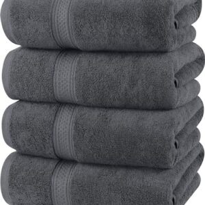 Ein Bild von vier dunkelgrauen Handtüchern mit einem Diamantengraten Muster, hergestellt aus 100% ringgesponnener Baumwolle. Die Handtücher sind sehr saugfähig und weich.