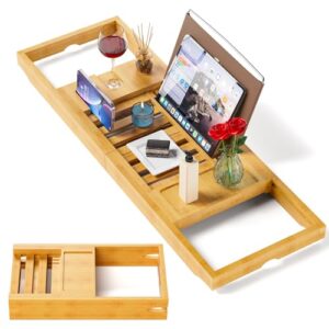 Luxuriöse Badewannenablage aus Bambus, verstellt sich perfekt in jede Badewanne, ideal für 1 oder 2 Personen, hochwertig gefertigt aus ausgewähltem Bambusholz