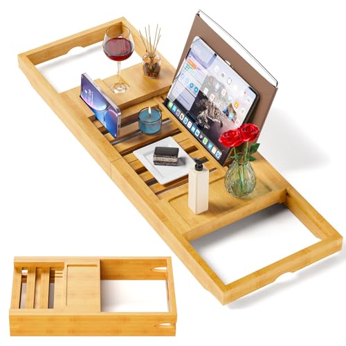 Luxuriöse Badewannenablage aus Bambus, verstellt sich perfekt in jede Badewanne, ideal für 1 oder 2 Personen, hochwertig gefertigt aus ausgewähltem Bambusholz