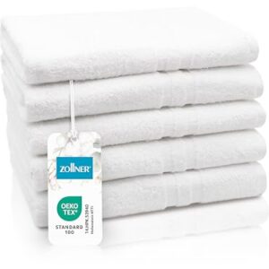 Weisses 5er Set aus Duschtüchern in 70x140 cm, flauschig und aus Baumwolle, mit moderner Streifenbordüre, waschbar bis 95°C, praktischer Aufhänger in Hotelqualität