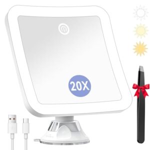 Auxmir 20X Schminkspiegel mit Beleuchtung, 2000mAh Aufladbar Kosmetikspiegel mit Saugnapf und drei Lichtfarben