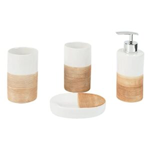 Badzubehör wiederbefüllbar, Keramik, Beige, 1 x 1 x 1 cm, 4-teilig - Badezimmeraccessoires Set aus Seifenspender, Seifenschale und Zahnputzbechern