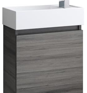 Moderne Badmöbel in Grau mit Waschtisch und Keramik-Waschbecken. Elegantes Design für ein modernes Badezimmer.