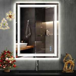 Moderner und eleganter Badezimmerspiegel mit Beleuchtung, LED-Lichtsystem, Touch-Schalter und 3-stufiger dimmbare Lichtfarbe, IP65-Wasserdichtheit, HD-Hartglas, doppelter Lichtring