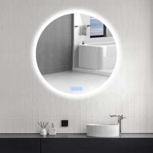 Badspiegel mit Beleuchtung, Rund 80cm, LED-Badezimmerspiegel mit Touch-Schalter und Antibeschlag, 3 stufenlos dimmbare Lichtfarben, IP65, HD-Hartglas, Doppelter Lichtring