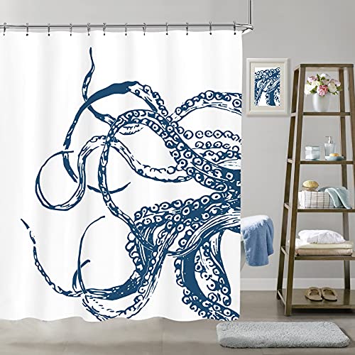 Blauer Oktopus-Duschvorhang für Badezimmer - wasserdicht, Stoff, Meerestiere, Heimdekoration, Set 183 x 183 cm