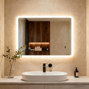 Clevich Badspiegel mit Beleuchtung 70×50 cm, LED Spiegel mit 3 Lichtfarben dimmbar und gehärtetes Glas