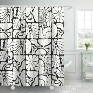 DeeCabin Boho Duschvorhang, farbenfrohes abstraktes Blumenmuster, Vintage-Retro-Patchwork-Design, Weiß, botanisches geometrisches Badezimmer-Dekor, Duschvorhang-Set, 12 Haken, 178 x 178 cm