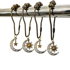 Dekorative Duschvorhanghaken für Badezimmer-Duschstangen - rostfreie Vorhangringe, Set mit 12 Stück, mit Vintage-Mond-Sonnen, Sternen, Himmelskörpern, Gothic, Mystic, Boho-Thema, Badezimmer-Dekor